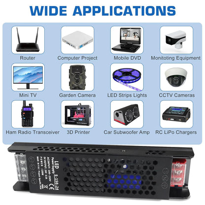 LED Driver 24V 150W 6.5A Slim LED Power Supply, AC 100-250V to 24V DC Adapter, Constant Voltage Transformer for LED Strip Lights, Bulbs, Garden Light, Cabinet Lights