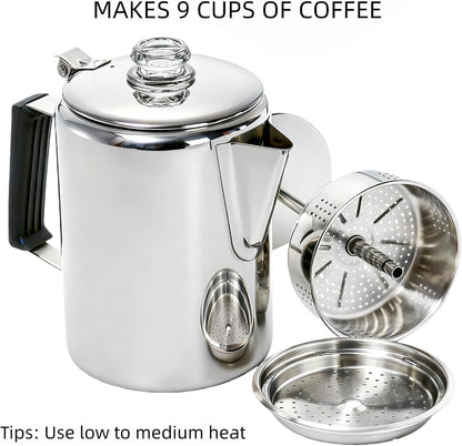 Cididu Coffee Percolator 9 Cup Camping Coffee Pot, Coffee Pot Outdoors, Stainless Steel Stove Top Brew Coffee Maker on Fire, Ideal for Group Camping, Hiking, Backpacking, RV and Travel