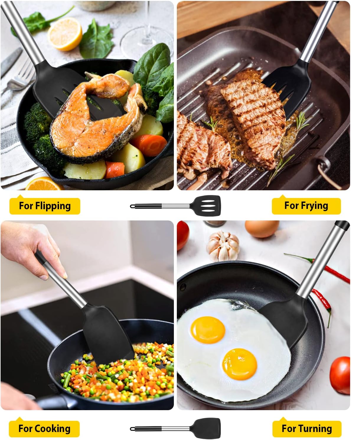 Pack of 2 Silicone Slotted Spatula,Non Stick Solid Kitchen Turner, High Heat Resistant BPA Free Cooking Utensils for Fish, Eggs, Pancakes（Black