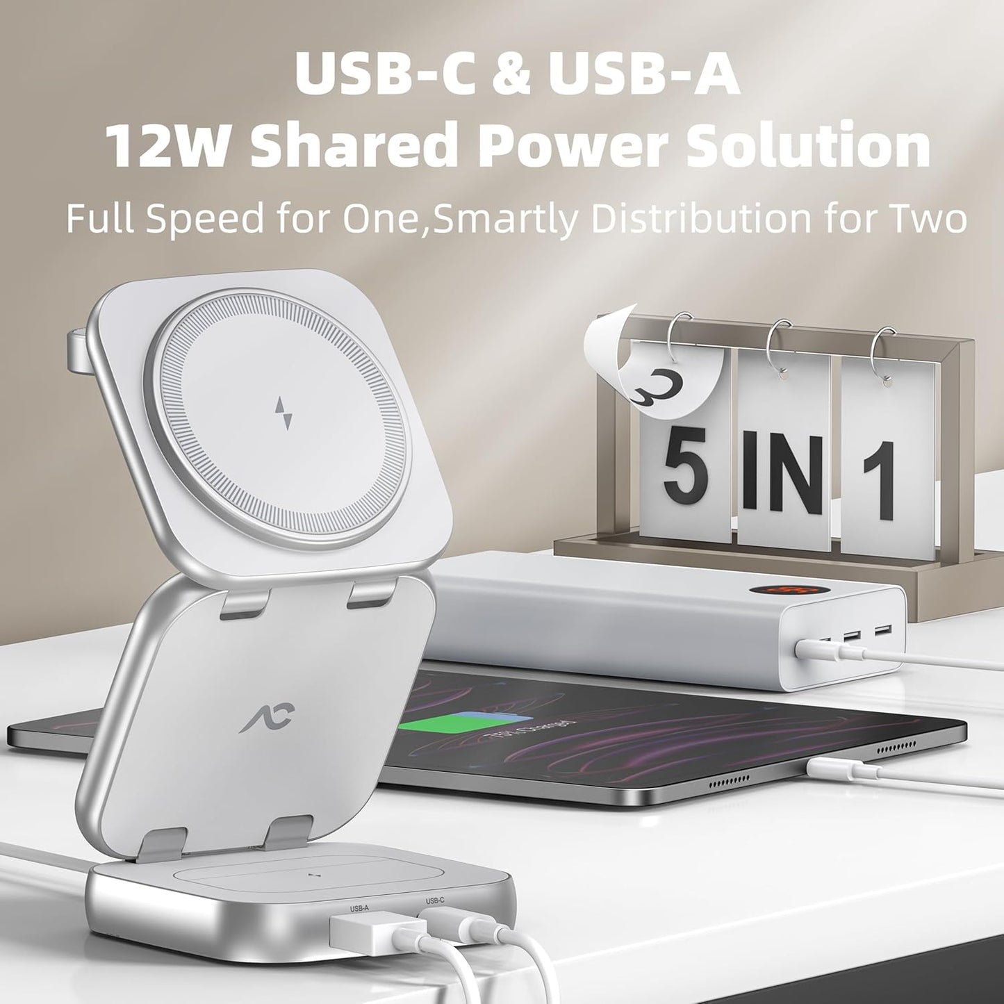 5-in-1 Wireless Charger for Magsafe, AC ISLAND Aluminum Travel Charging Station for Apple, 15W Snap Magnetic Multi Charging Stand Dock for iPhone 16/15/14/13 Apple Watch AirPods (with 35W GaN Adapter)