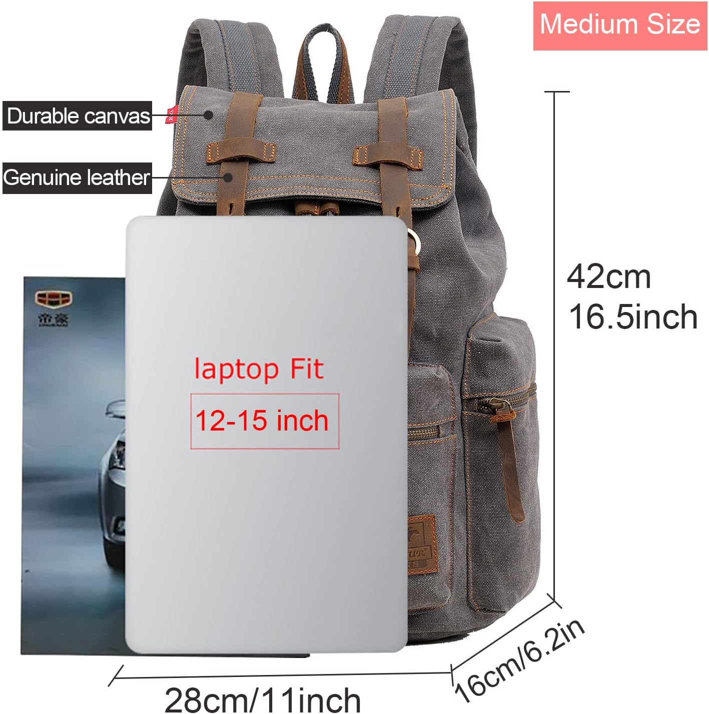 AUGUR Canvas Backpack,17 inch Laptop Backpack Vintage Canvas Leather Backpacks Casual School College Bag Pack Bookbag Hiking Travel Rucksack Daypack (L-Coffee)
