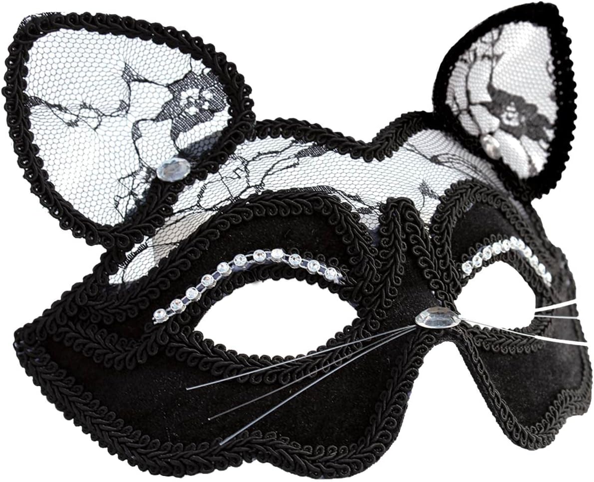 OLYPHAN Black Cat Costume for Women with Lace Cat Mask, & Lace Choker, Mask and Ears for Halloween, Cat Costume Accessories