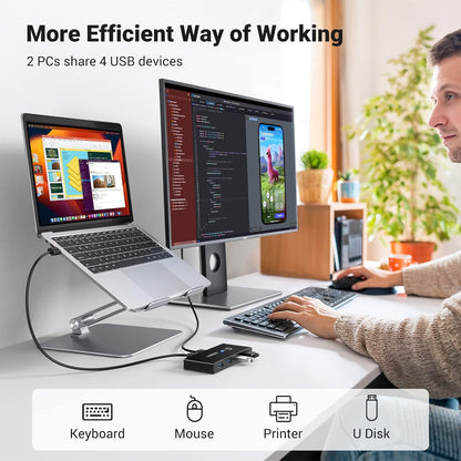 UGREEN USB 3.0 Switch, KVM Switch 2 Computers Sharing 4 Ports USB Peripheral Switcher Adapter Box Selector for PC, Printer, Scanner, Mouse, Keyboard with One-Button Swapping