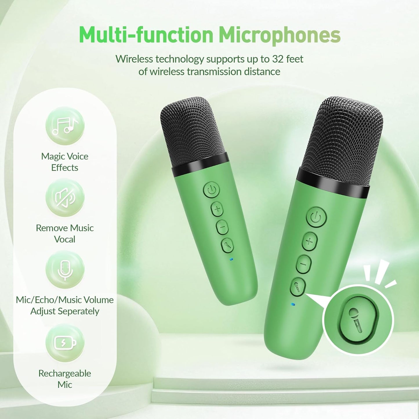 Mini Karaoke Machine：Portable Bluetooth Karaoke Microphone Singing Speaker with 2 Wireless Mic and Light Kids Adults,Christmas Birthday Gifts for Girls Boys Family Home Party(Green)
