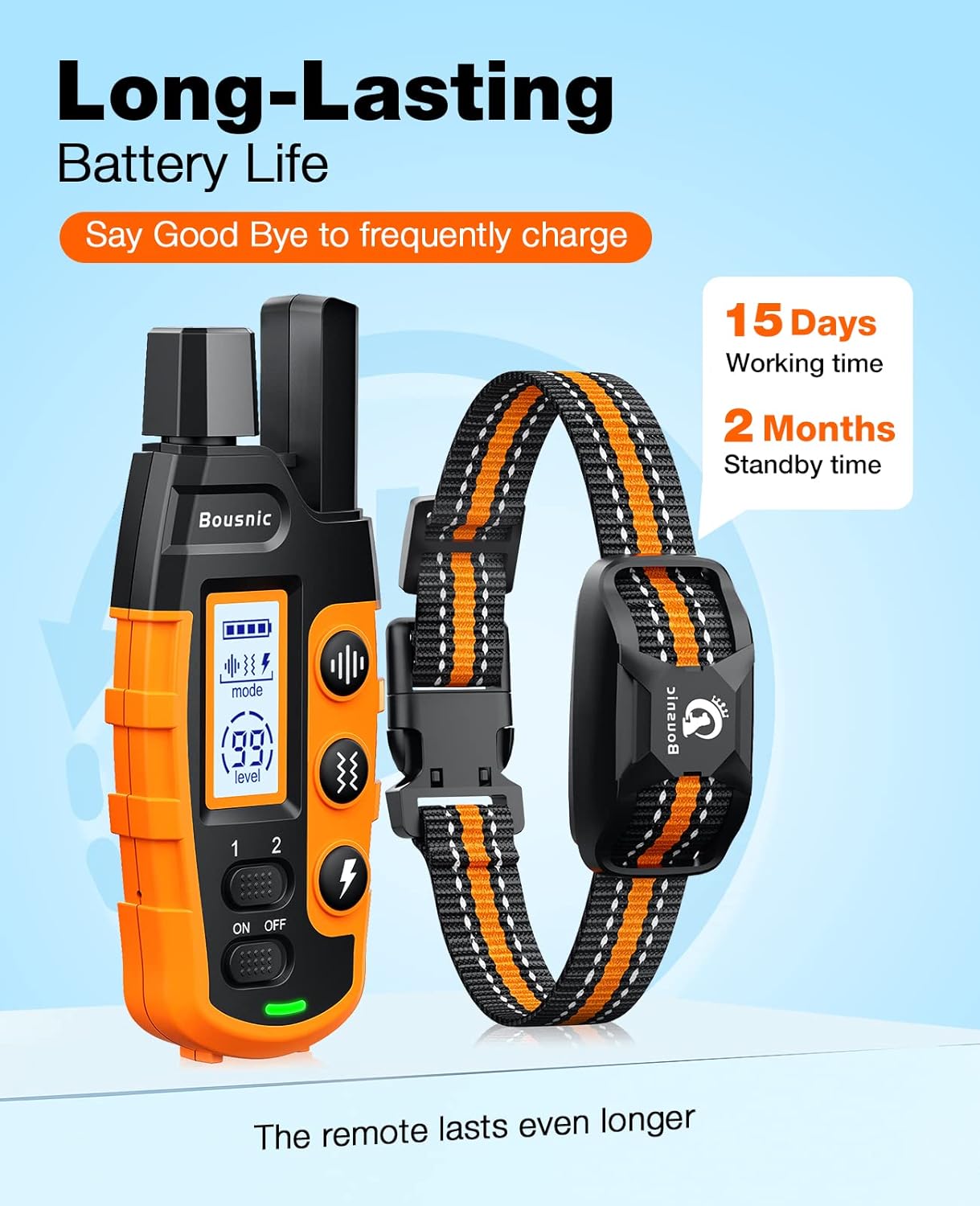 Bousnic Dog Shock Collar - 3300Ft Dog Training Collar with Remote for 5-120lbs Small Medium Large Dogs Rechargeable Waterproof e Collar with Beep (1-8), Vibration(1-16), Safe Shock(1-99) Modes (Blue)