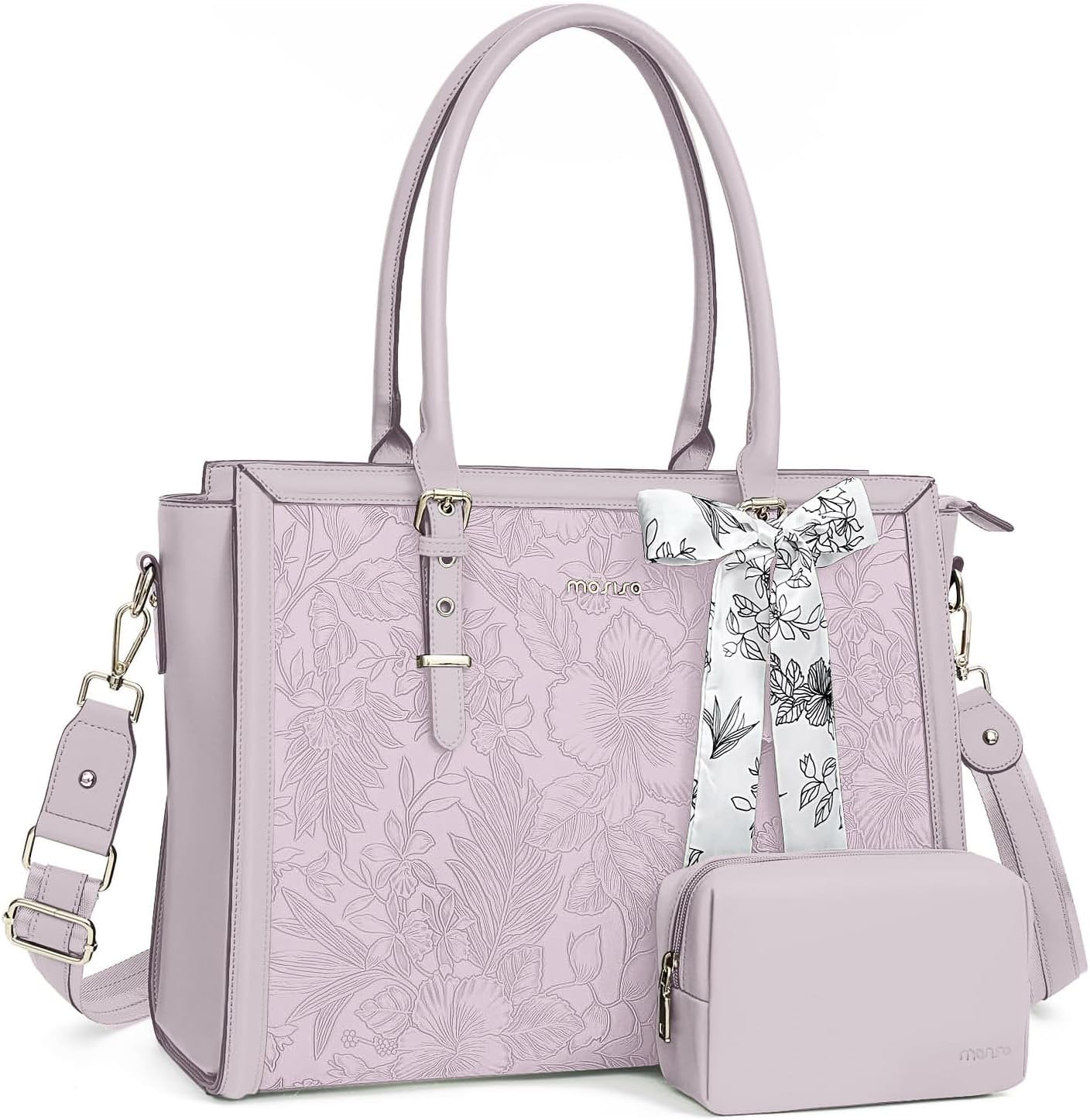 MOSISO Laptop Bag for Women, 17-17.3 inch PU Leathe Tote Bag Compatible with MacBook, HP, Dell, Asus Notebook, Front Embossed Retro Hibiscus Computer Bag with Silk Scarf&Clutch Purse, Gray - PuriLite