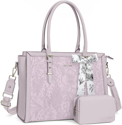 MOSISO Laptop Bag for Women, 17-17.3 inch PU Leathe Tote Bag Compatible with MacBook, HP, Dell, Asus Notebook, Front Embossed Retro Hibiscus Computer Bag with Silk Scarf&Clutch Purse, Gray - PuriLite