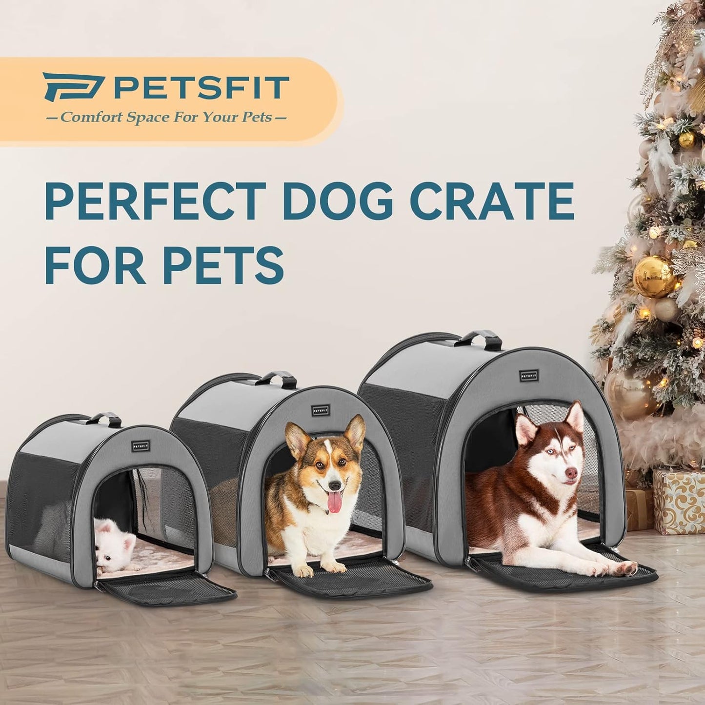 PETSFIT Soft Sided Dog Crate, Travel Dog Crate - 19 Inch Lightweight, Roomy, Easy to Set Up, Sturdy Portable Dog Kennel with Thick Mat, Navy Blue