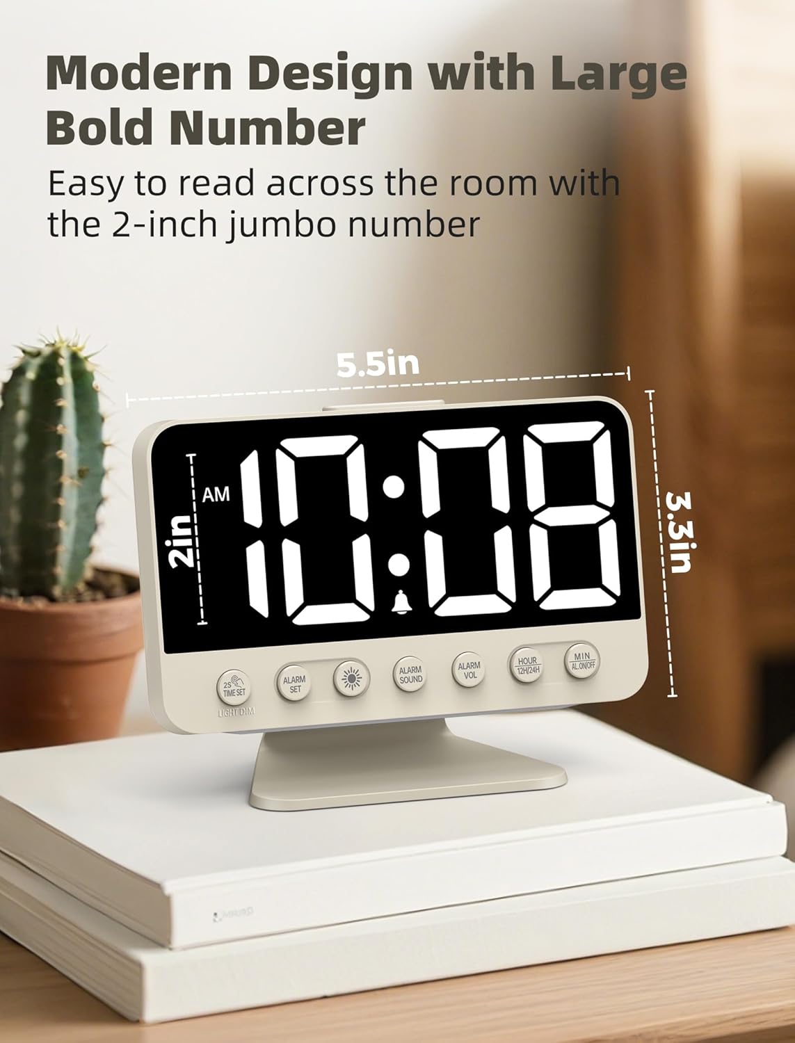 Odokee Digital Alarm Clocks for Bedrooms: Large Bold Number 5 Brightness Dimmer - Easy to Read Across The Room - 5 Alarm Sound 8 Night Light - Silver