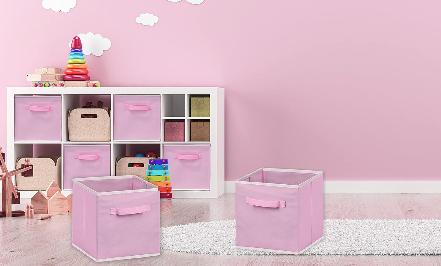 Foldable Fabric Cube Storage Bin Organizer Set, Collapsible Storage Boxes with Handles for Shelves, Closets and Home Organization (6 Pack, Pink) - PuriLite