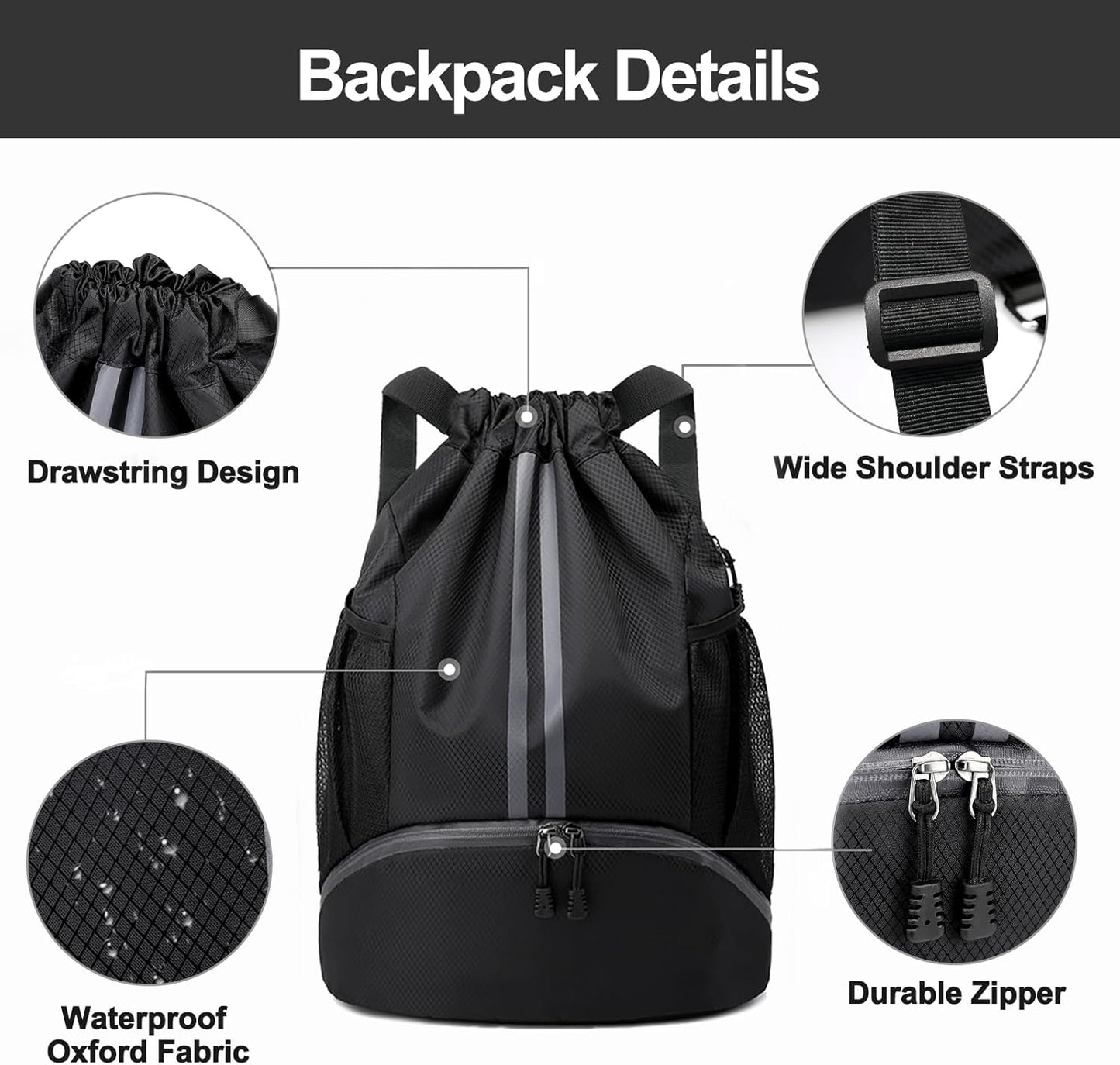 Hoedia Sports Drawstring Backpack - String Swim Gym Bag with Shoes Compartment and Wet Proof Pocket for Women/Men