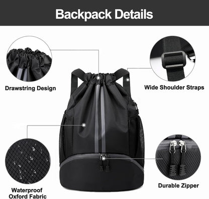 Hoedia Sports Drawstring Backpack - String Swim Gym Bag with Shoes Compartment and Wet Proof Pocket for Women/Men