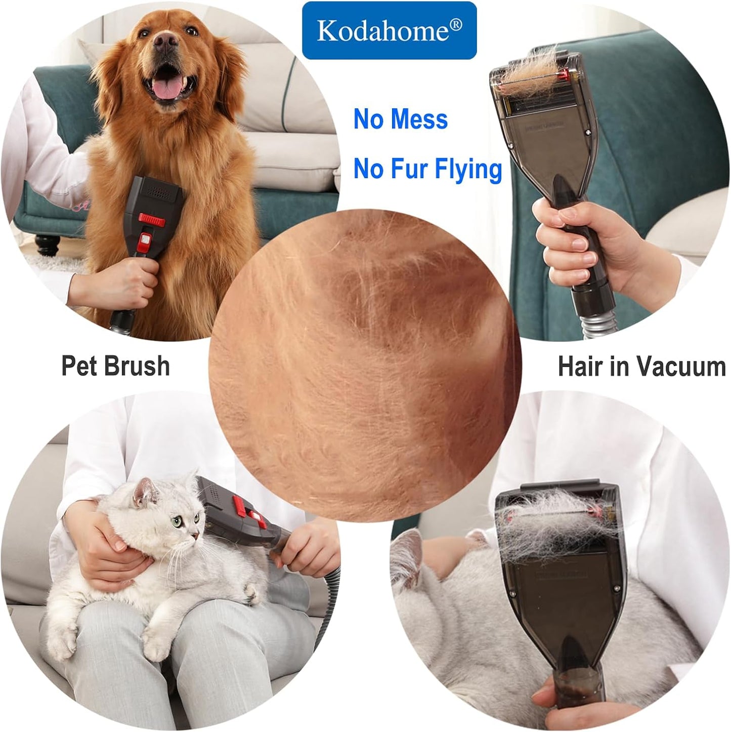 Kodahome Dog Hair Brush Vacuum Attachment for Shedding Grooming, Pet Groom Tool Kit for Most Vacuum Brands, Deshedding Removal Comb with Extension Hose and Universal Adapters