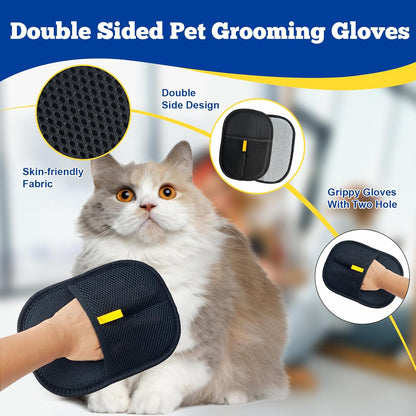 2 Pack Pet Hair Removal Gloves,Double Sided Cat Grooming Glove,Static Removal Gloves for Dogs & Cats,Reusable Deshedding Pet Glove for Furniture,Bed,Carpet,Clothes,Sofa