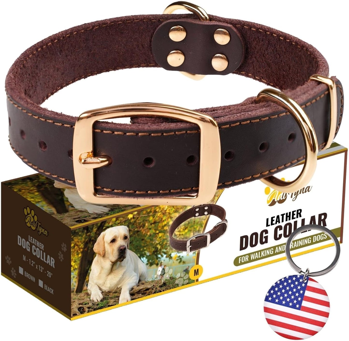 ADITYNA Heavy-Duty Leather Dog Collar for Medium Dogs - Soft and Strong, 100% Genuine Leather - Collier Pour Chien (Medium: Fit 13" - 20" Neck, Brown)