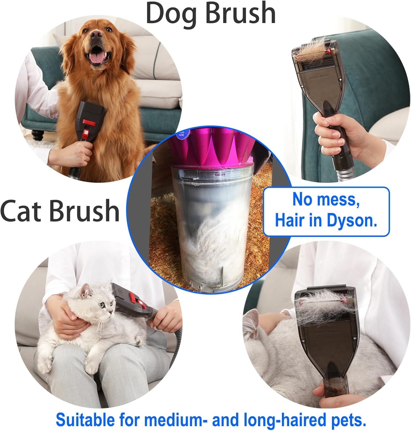 Kodahome Dog Hair Brush Vacuum Attachment for Shedding Grooming, Pet Groom Tool Kit for Most Vacuum Brands, Deshedding Removal Comb with Extension Hose and Universal Adapters