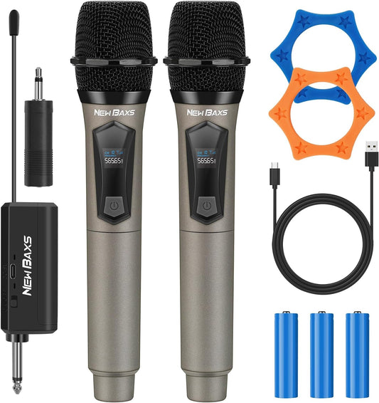 NEWBAXS Wireless Microphones,Dual Karaoke Microphone System,Microfonos Inalambricos with Rechargeable Receiver, Cordless Dynamic Mic Set for Singing, Wedding, DJ, Party, Speech,Micro Matte Gray