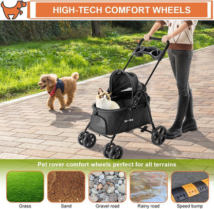 Pet Stroller, Folding Cat Dog Stroller for Medium Small Dogs & Cats | All-Terrain Pet Stroller 4 Wheels Lightweight Travel Carriage Jogging Stroller,Black