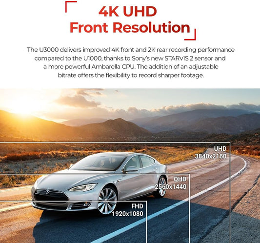 THINKWARE U3000 2CH 4K Front Dash Cam, 2K Rear Cam, STARVIS 2 Sensor Super Night Vision, Car Camera 5GHZ Wi-Fi GPS Radar Buffered Parking Mode CPL Filter Red Light Speed Camera Alerts OBD Cable - PuriLite
