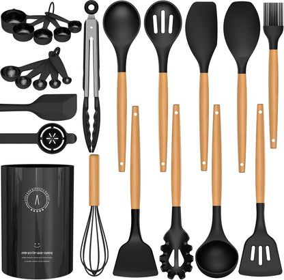 Silicone Cooking Utensils Set - Silicone Kitchen Utensils for Cooking Wooden Handles, 446°F Heat Resistant Kitchen Utensil Spatula Sets w Holder, Gadgets for Non-Stick Cookware BPA Free (Black)