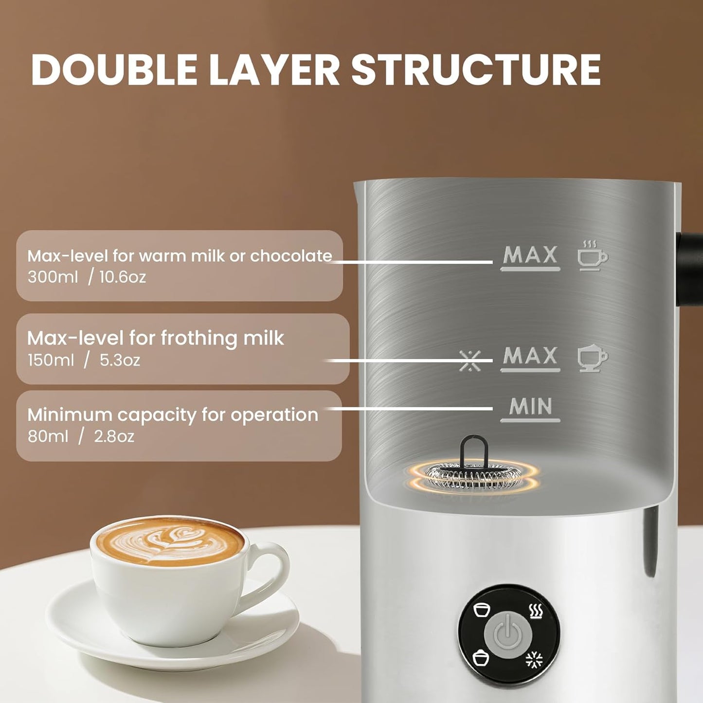 Stainless Steel 4-in-1 Electric Milk Frother, Milk Frother and Steamer, 10.6oz Large Capacity, Cold and Hot Foam Maker for Lattes, Cappuccinos, Non-Stick Coating Interior, Polished
