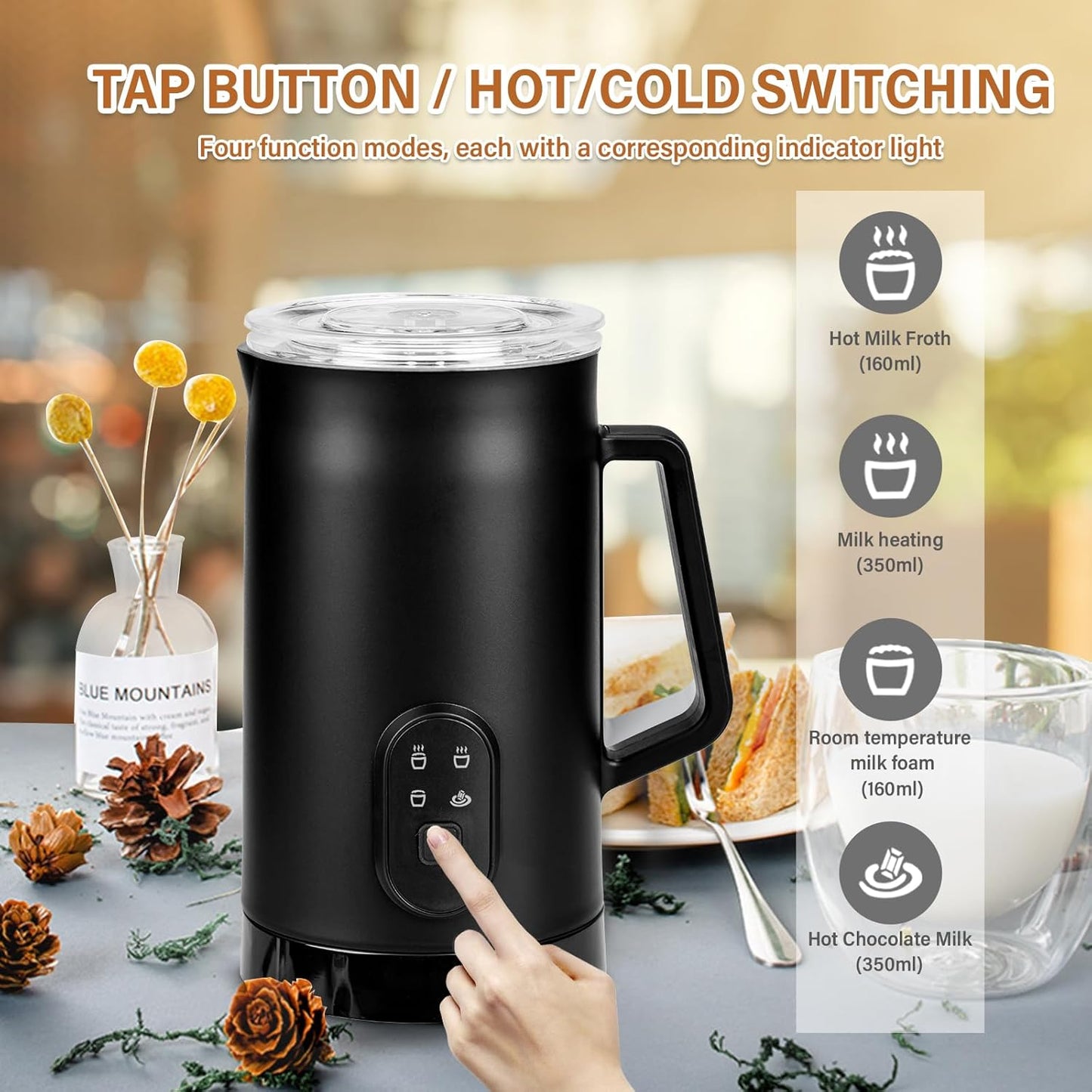BEAUGIREW 4 in 1 Milk Frother Electric Milk Frother and Steamer with Hot and Cold 350 ml/11.8 oz Coffee Frother Automatic Foam Maker with Cleaning Brush for Latte Cappuccino Macchiato Hot Chocolate