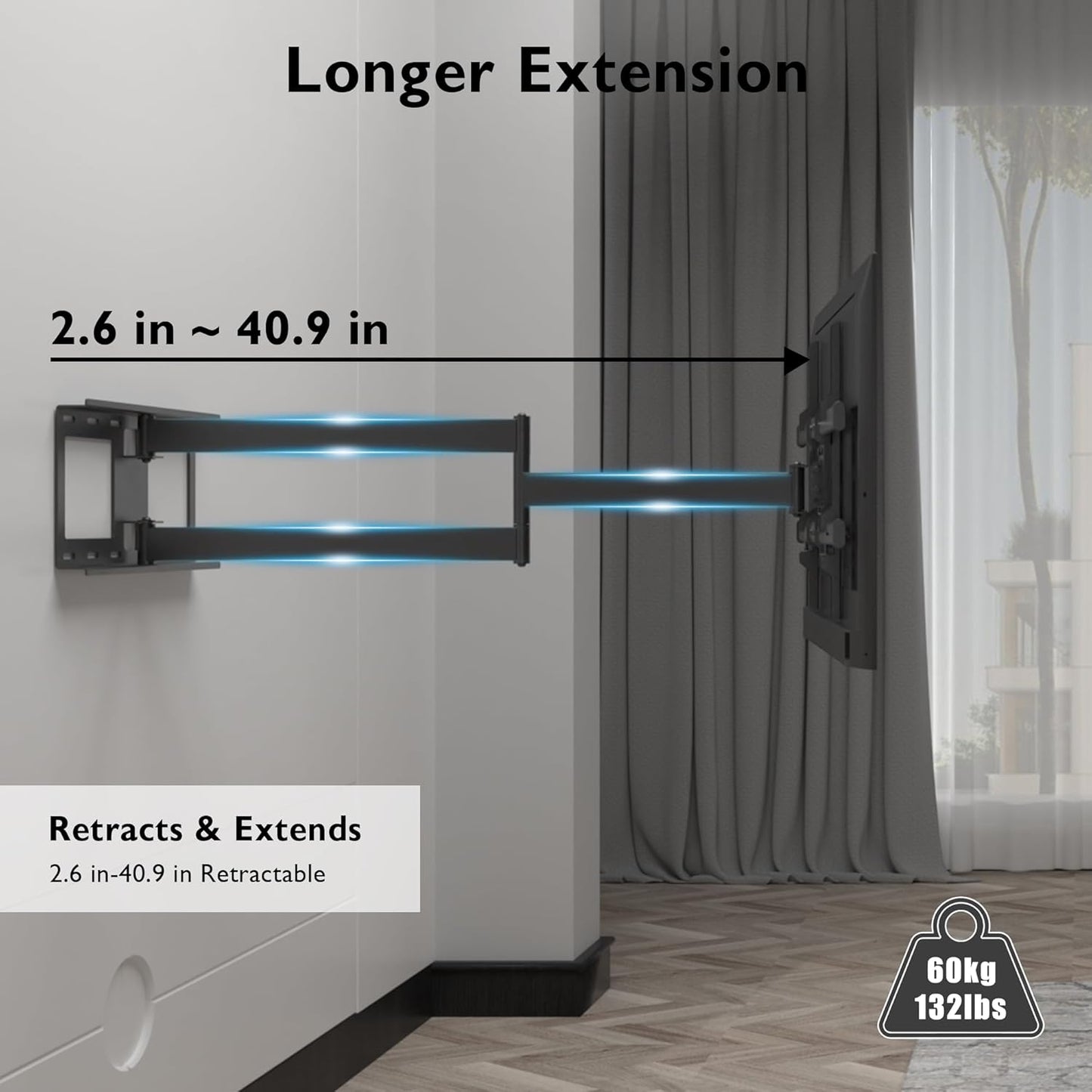 BONTEC TV Wall Mount with Extra Long Articulated Arm for 32-75 Inch TVs, 32.7” Extension, Holds Up to 132lbs, Full Motion Dual Arm Bracket with Tilt, Swivel & Level Adjustment, Max VESA 600x400mm - PuriLite