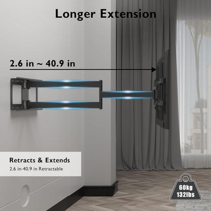 BONTEC TV Wall Mount with Extra Long Articulated Arm for 32-75 Inch TVs, 32.7” Extension, Holds Up to 132lbs, Full Motion Dual Arm Bracket with Tilt, Swivel & Level Adjustment, Max VESA 600x400mm - PuriLite