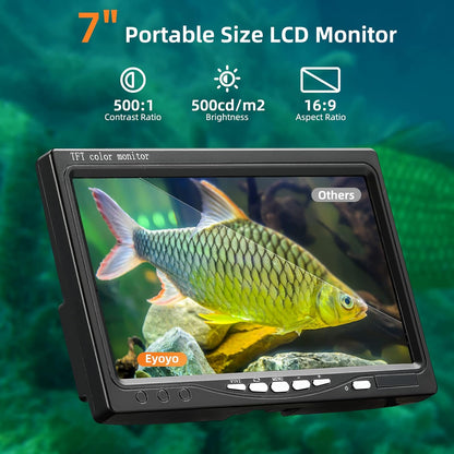 Eyoyo Underwater Fishing Camera Video Fish Finder - 7" Monitor, 1000TVL Camera With 12 White Lights, 30m Cable for Sea/River/Ice Fishing