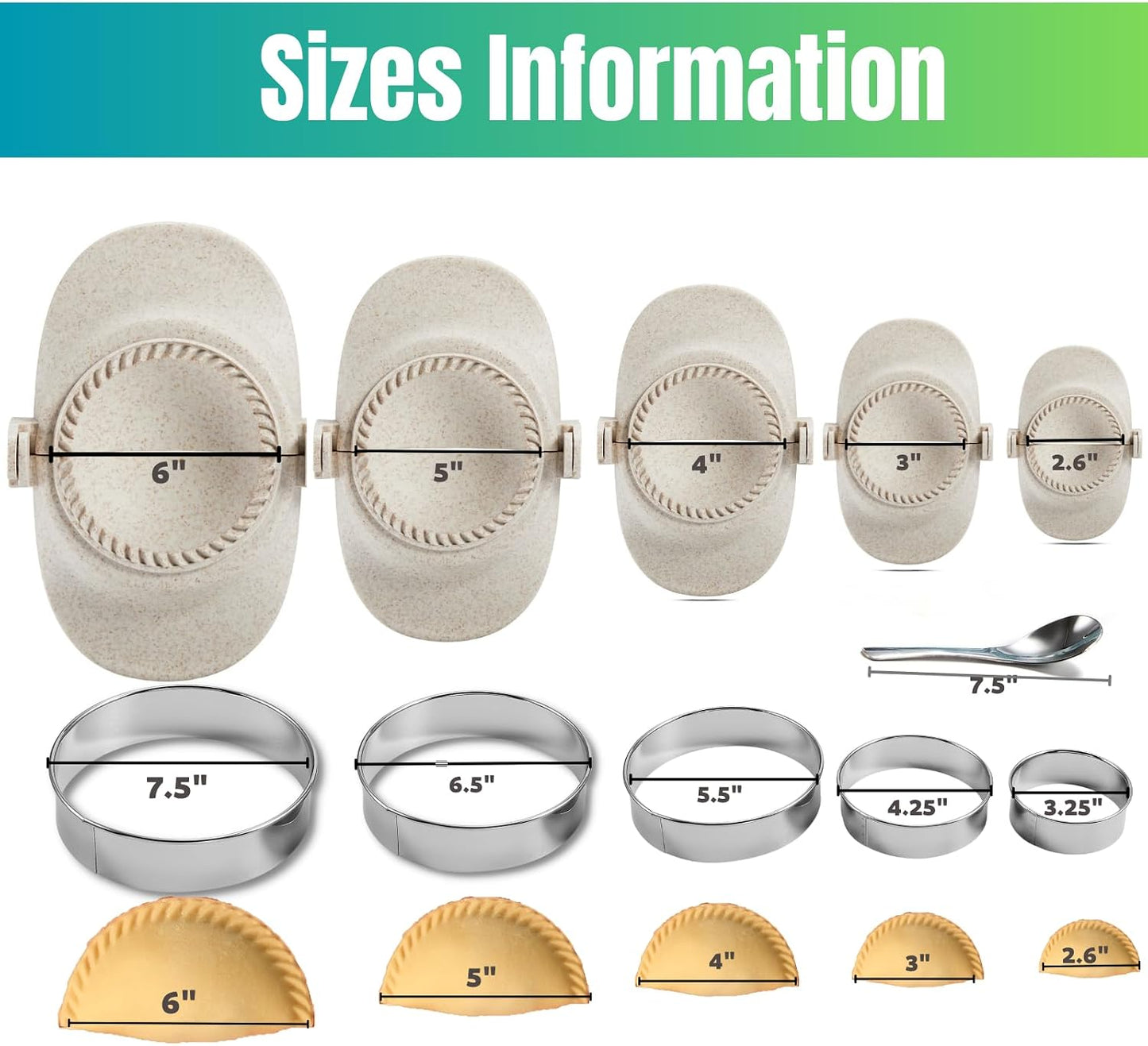 Empanada Maker Press, 5 Size (6"+5"+4"+3"+2.6") Professional Dumpling Maker Mold kit, Fast to Make Empanadas Jamaican Beef Patties Pierogi pastelitos, White