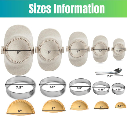 Empanada Maker Press, 5 Size (6"+5"+4"+3"+2.6") Professional Dumpling Maker Mold kit, Fast to Make Empanadas Jamaican Beef Patties Pierogi pastelitos, White
