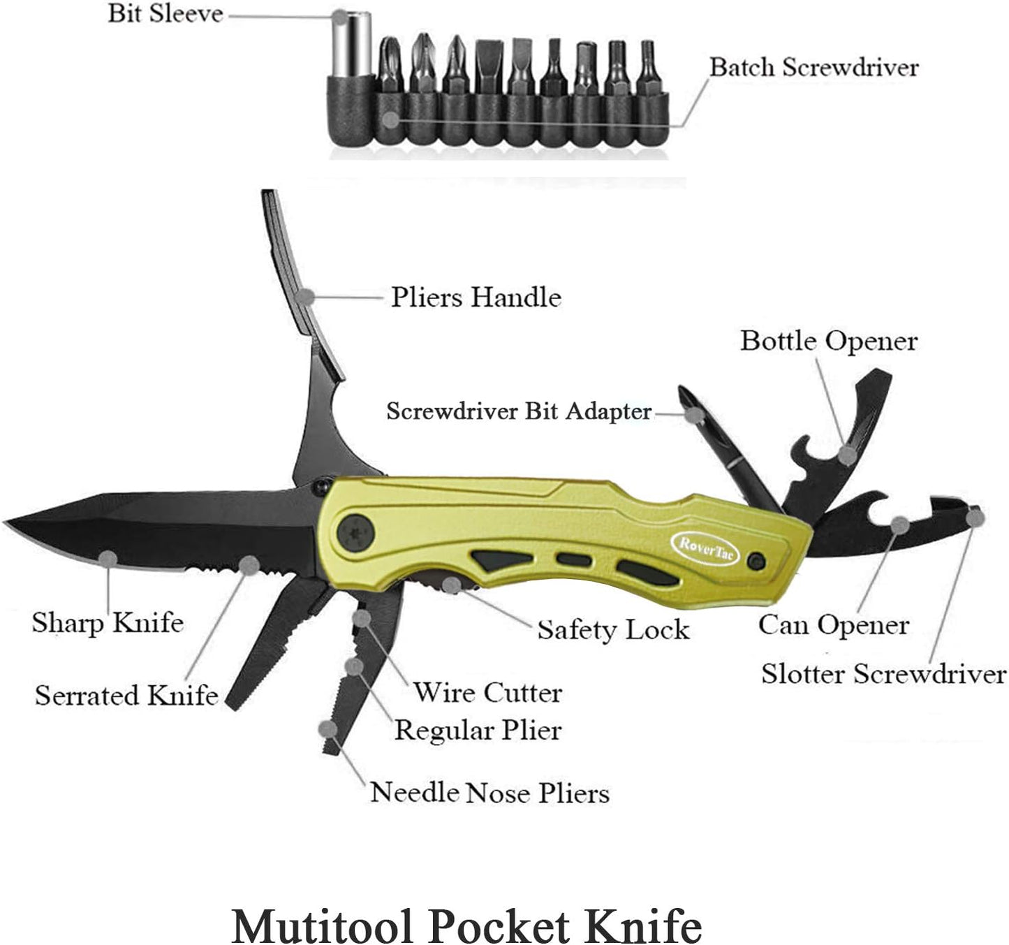 RoverTac Pocket Knife Tactical Folding Knife Multi Tool Survival Camping Knife, Multitool Knife Pliers Bottle & Can Opener 9-Pack Screwdrivers Liner Lock Nylon Sheath, Pocket Knife for Camping Hiking