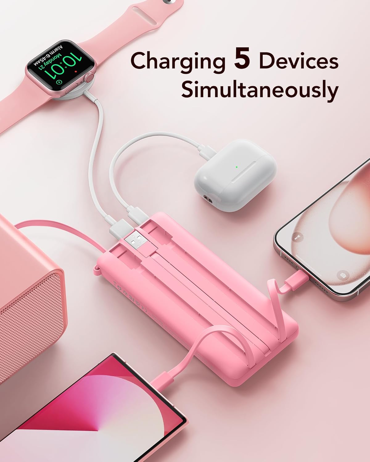 VRURC 10000mAh Power Bank Built-in Cables, Portable Charger with LED Display, Slim Intelligent Travel Battery Pack with Cords, 5 Output Dual Input Phone Charger for Cell Phone Smart Devcies-Blue