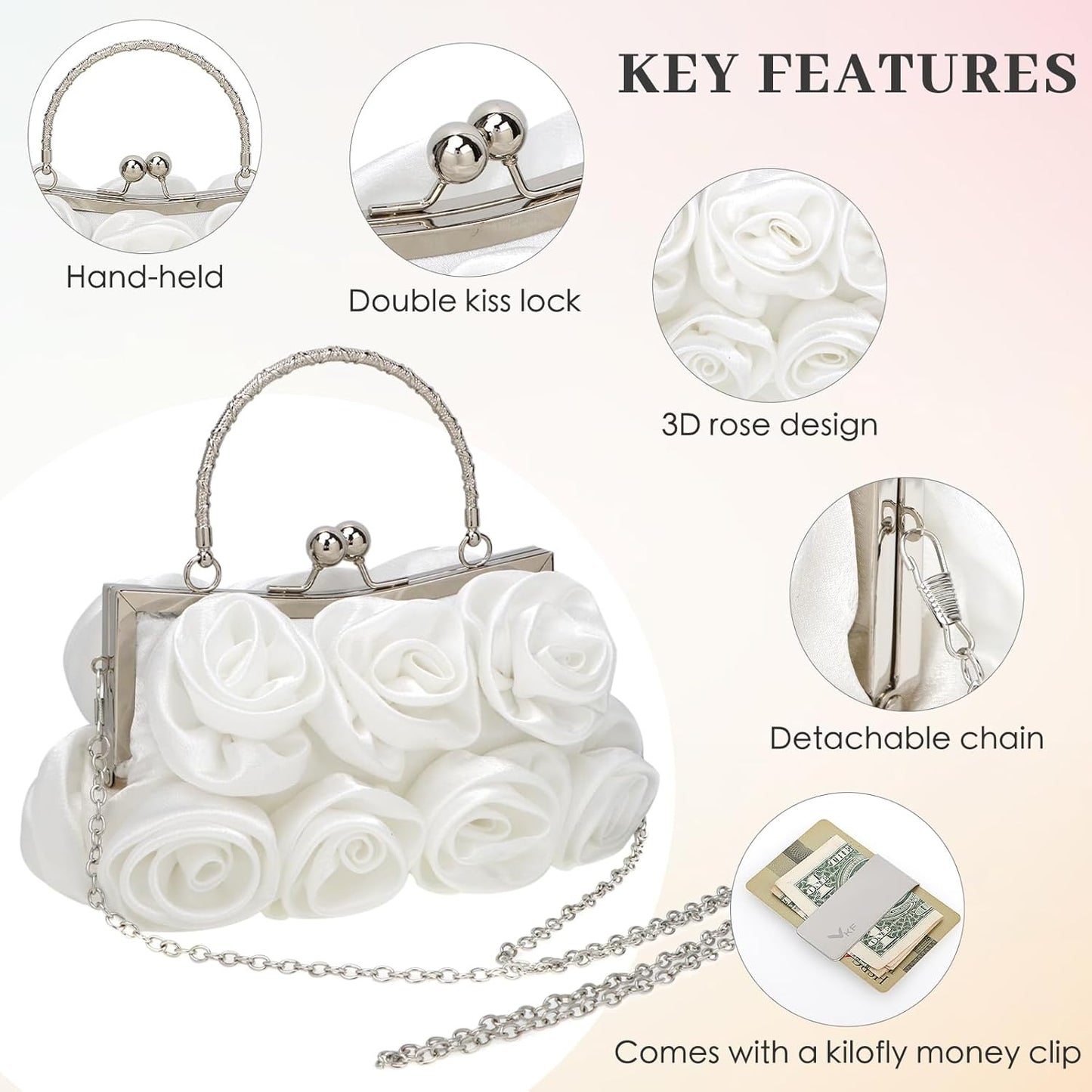 kilofly Missy K 7 Roses Clutch Purse, Satin, with Detachable Strap + kilofly Money Clip