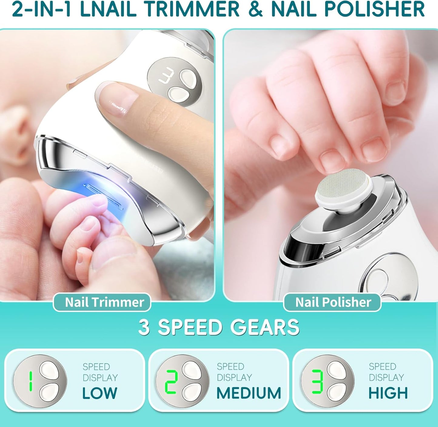 Bvrocio Electric Nail Clipper, 2 in 1 Automatic Nail Trimmer & Nail File, 3 Speeds LCD Digital Display, USB Rechargeable Safety Fingernail Trimmer with Nail Clip Storage for Baby (White)