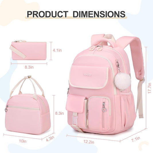 3PCS School Backpack for Girls with Lunch Box Pencil Pouch for Teen Girls Children Elementary Primary Middle High College Daypack School bag Bookbag Set Pink