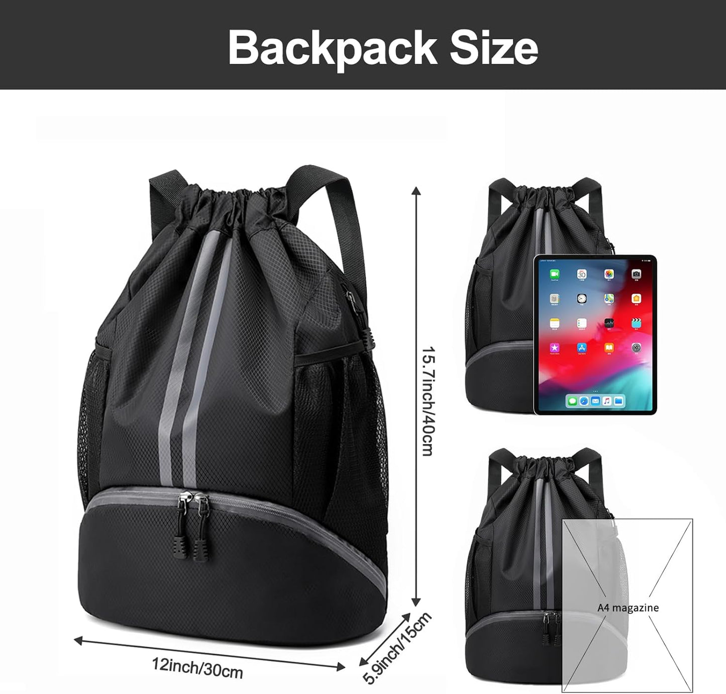 Hoedia Sports Drawstring Backpack - String Swim Gym Bag with Shoes Compartment and Wet Proof Pocket for Women/Men
