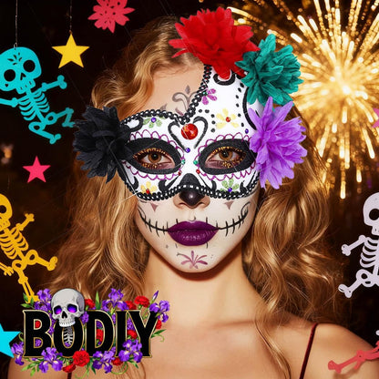 BODIY Halloween Masquerade Mask Flower Skull Day of the Dead Eyemask for Women Men Costume Masks Mardi Gras Half Mask