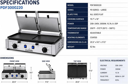 eurodib Commercial Double Panini Grill, All Flat Plates, 220V – PDF3000220 | Dual heating elements, adjustable thermostat to 572°F, self-balancing top plate, front grease drawer