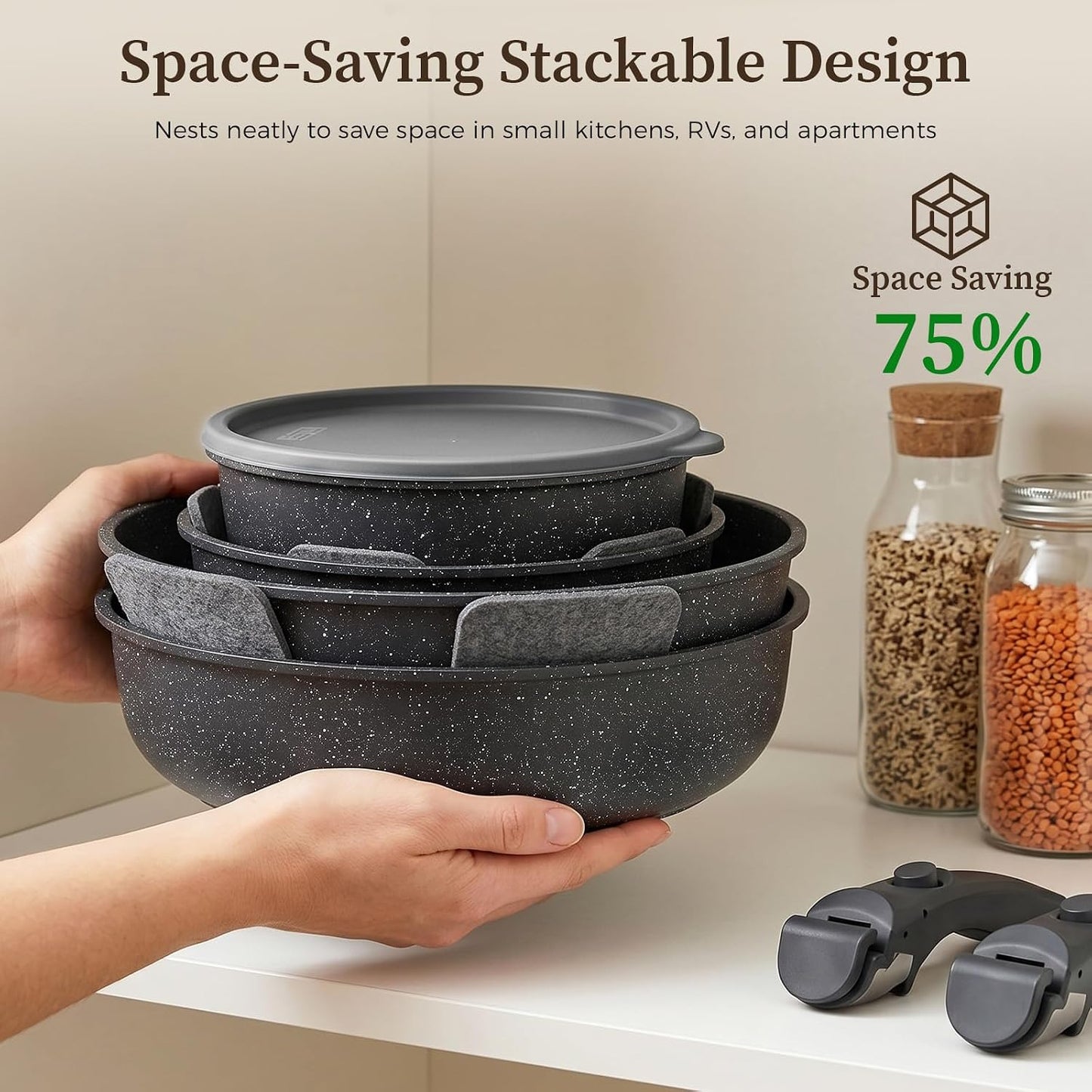 YASHE 15Pcs Nonstick Pots and Pans Set with Removable Handle, Oven Safe | Non-Toxic Stackable Cookware Set for RVs, Camping, PFOS/PFOA-Free Induction Compatible