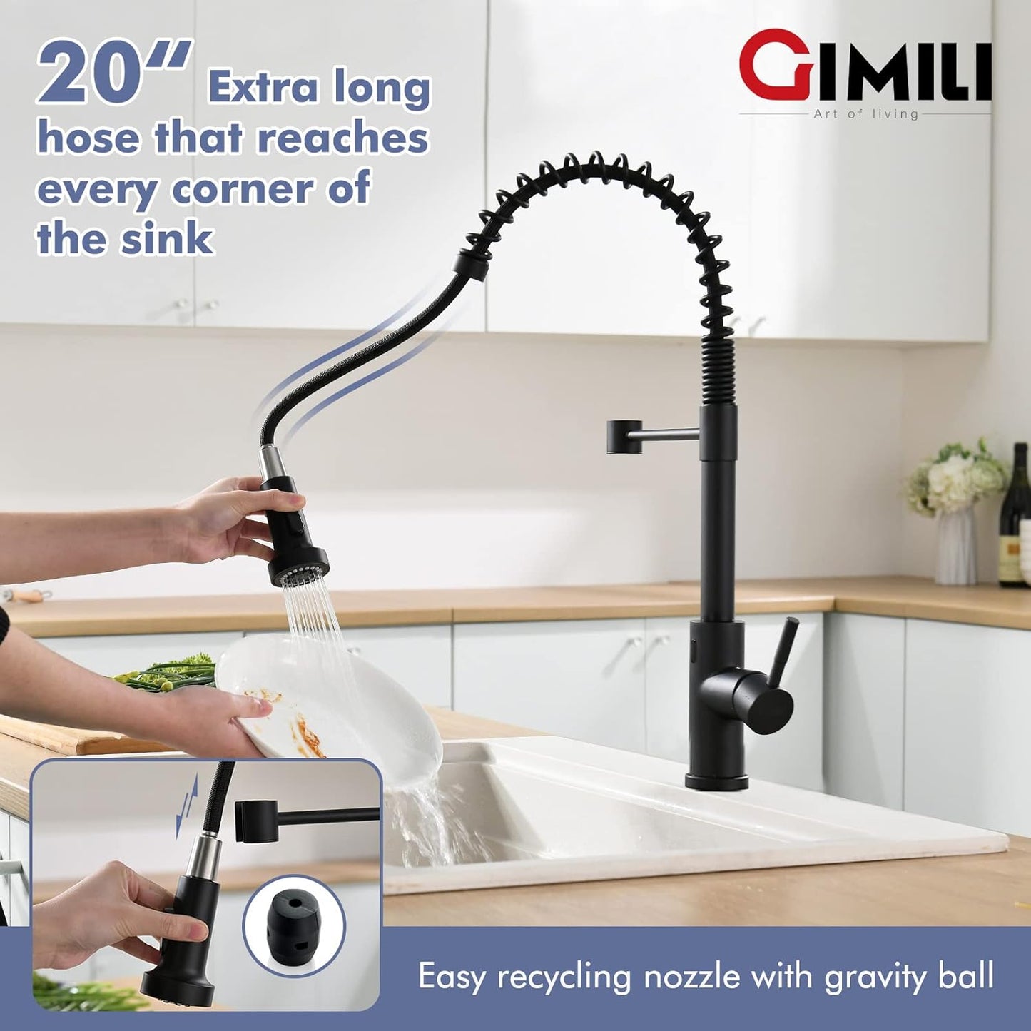 GIMILI Matte Black Kitchen Faucet with LED Light,Single Hole Spring Kitchen Sink Faucet with Pull Down Sprayer