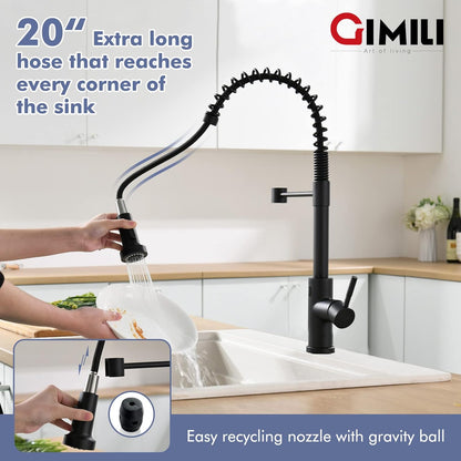 GIMILI Matte Black Kitchen Faucet with LED Light,Single Hole Spring Kitchen Sink Faucet with Pull Down Sprayer