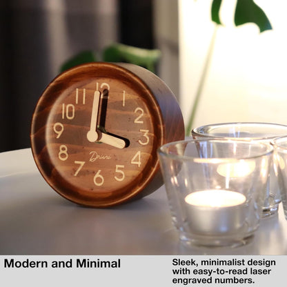 Driini Wooden Analog Desktop Clock – 4.3 in. Decorative Pinewood Clock, No-Tick Design – Easy to Read Silent Sweep Mantle Clock – Quiet Tabletop Clocks with Wood Body, Hands, & Battery Cover; White