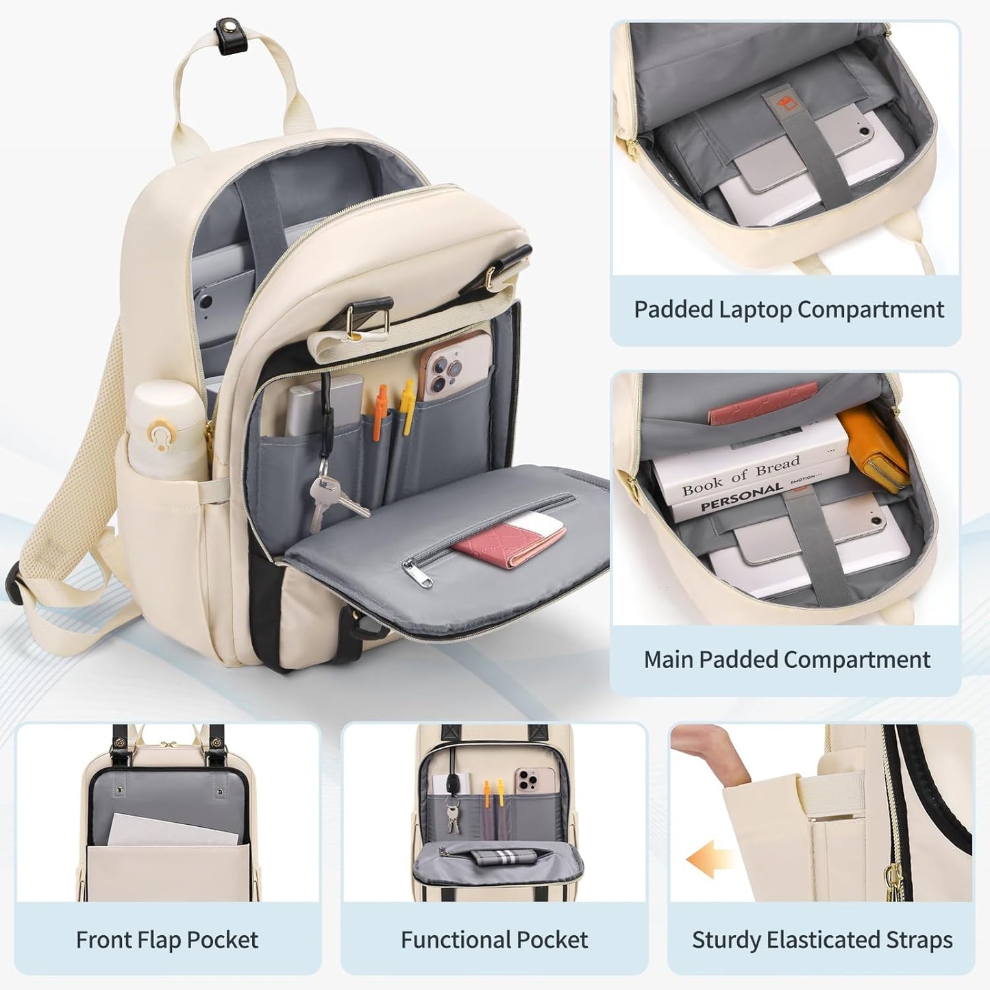 RAINSMORE Laptop Backpack 15.6 Inch for Women Large Travel Backpack with USB Charging Port Water Resistant