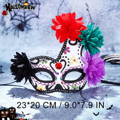 BODIY Halloween Masquerade Mask Flower Skull Day of the Dead Eyemask for Women Men Costume Masks Mardi Gras Half Mask