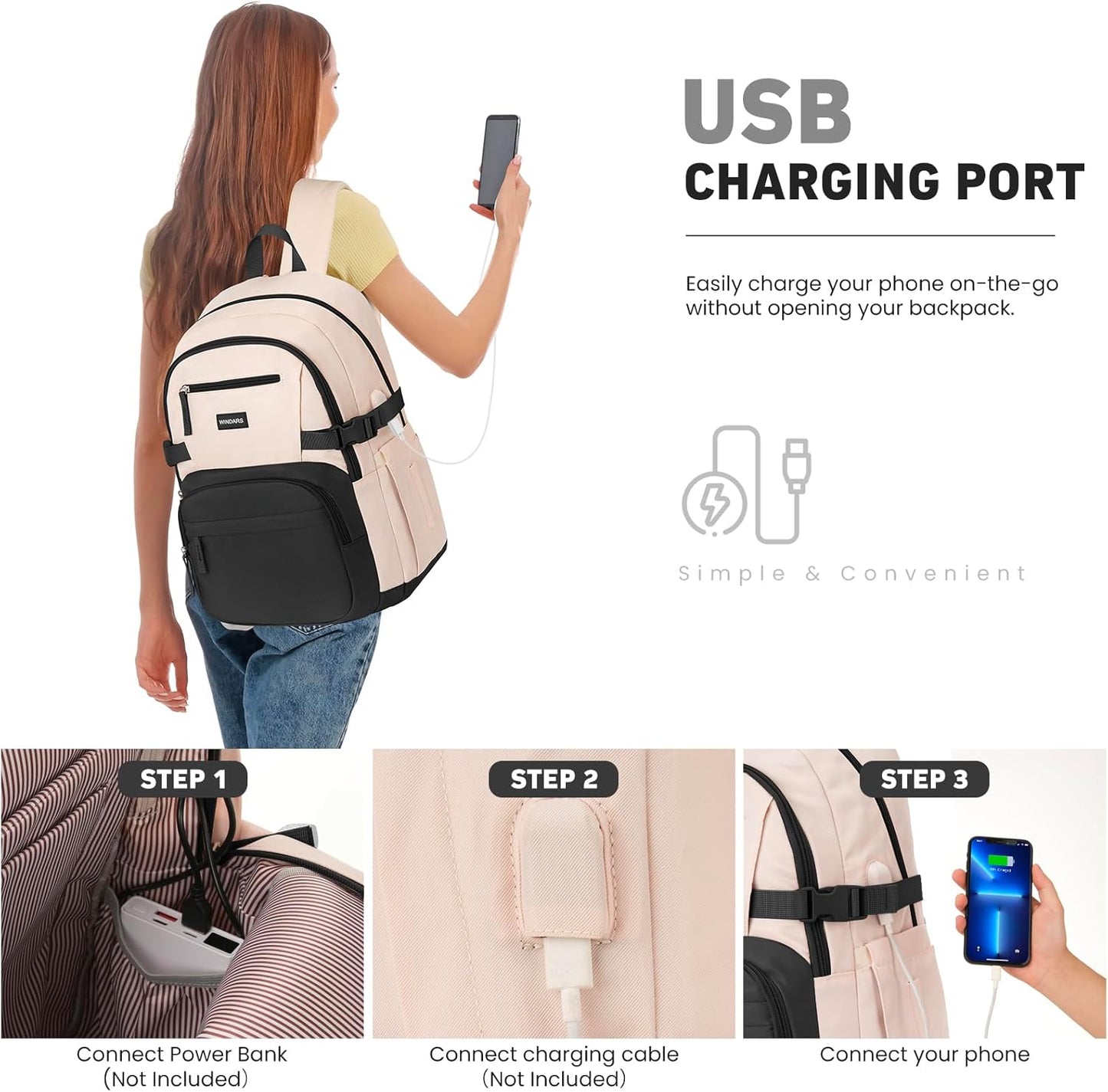 WINDARS Backpack for School Girls, Cute High School Backpacks for Teens Women Student Large Bookbag 15.6 Inch Laptop Bag with USB Charger Port for College Work Travel Trip (Beige Khaki)