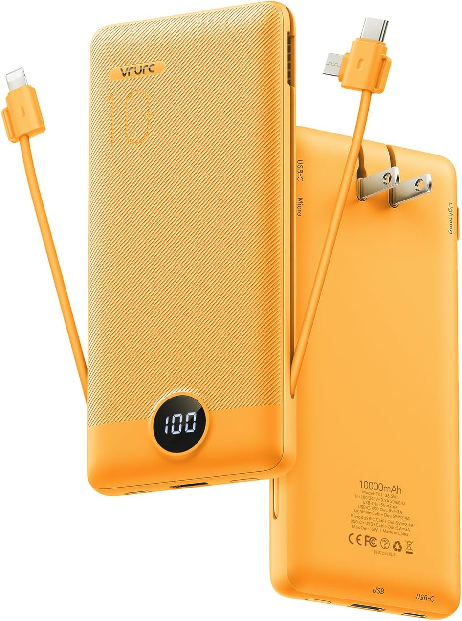 Power Bank Built-in Cables, VRURC 10000mAh Portable Charger USB C, Lightweight Charging Bank Built-in AC Plug, Replacement Battery Compatible with All Kinds of Cellphones, Tablet etc-Blue