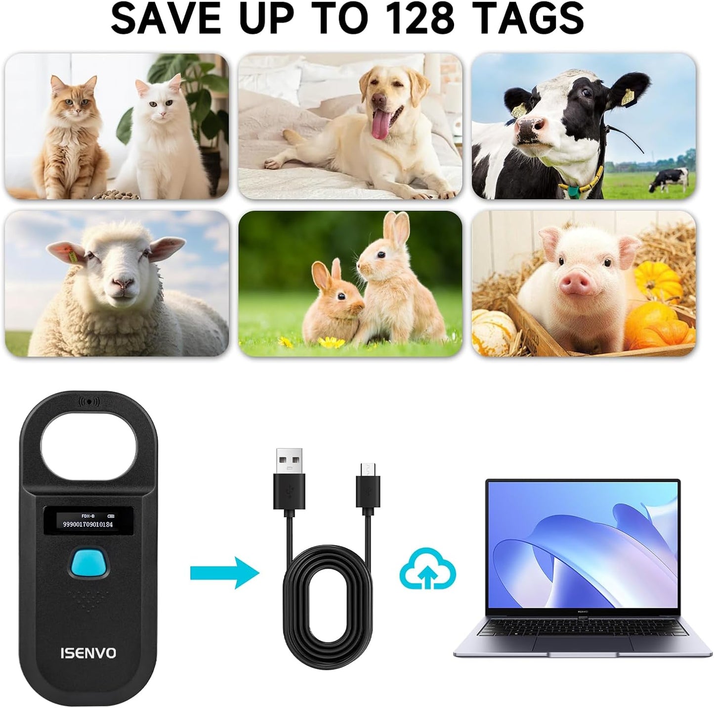 Pet Microchip Scanner | 15-Digit RFID Animal Chip Reader with Rechargeable Battery, USB Connectivity and Backlit Display