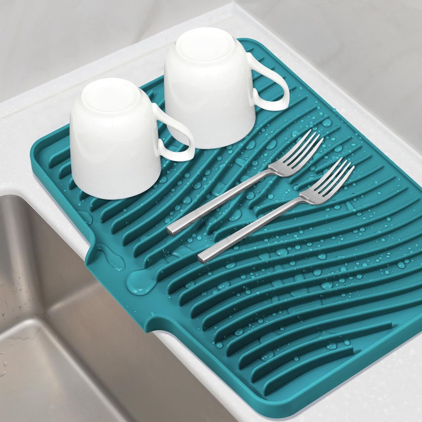 TIKNIK Silicone Dish Drying Mat for Kitchen Counter, Dish Drying Pad, Non-Slip Drain Pad with Built-in Drain, Heat Resistant Stone Drying Mat(40 L x 33 W cm, Grey)