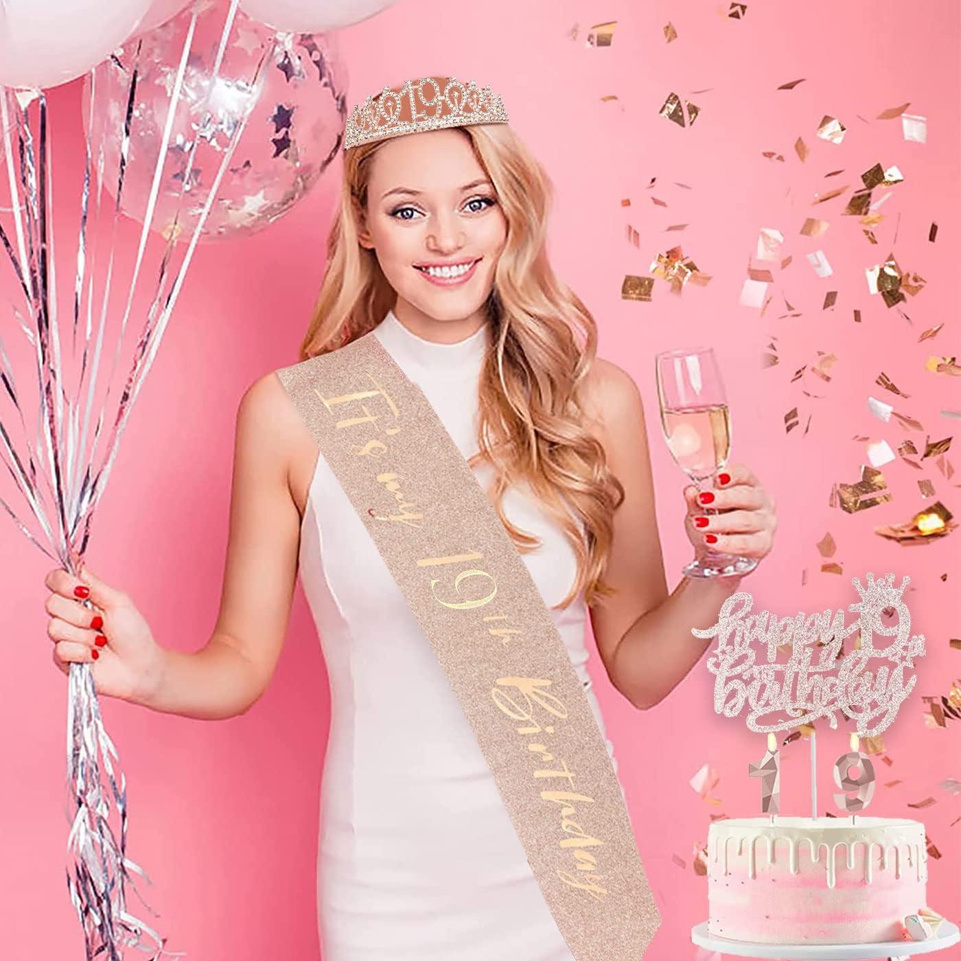 8pcs 40th Birthday Decorations gifts for Women, Including 40th Happy Birthday Cake Topper, Queen Sash with Pearl Pin, Sweet Rhinestone Tiara Crown for Women, Number Candles and Balloons (Rose Gold)